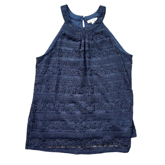 Monteau Lace Blouse Women's Size Large Sleeveless Layered Navy Blue Professional - Picture 1 of 10